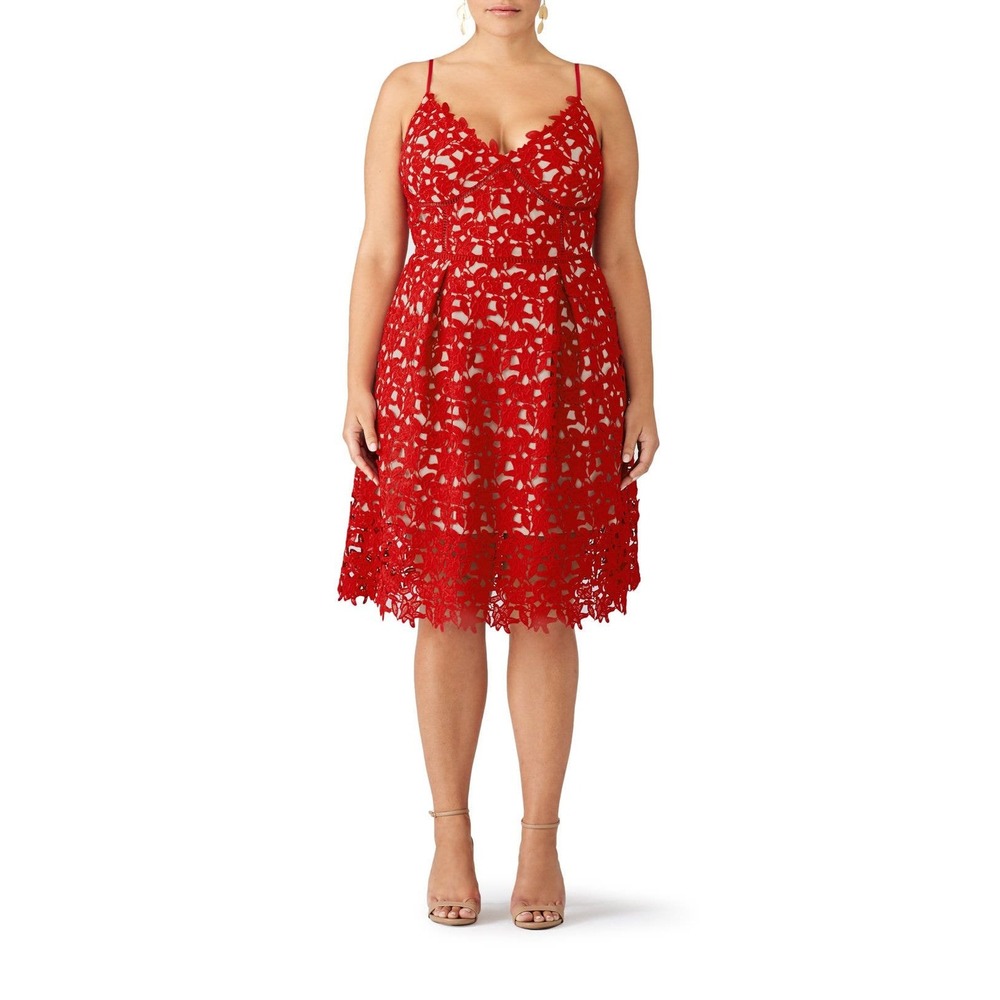 City Chic So Fancy Dress Red Lace Fit & Flare Knee Length V-Neck Plus Size 16